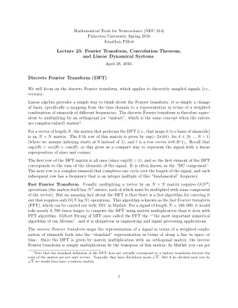 Lecture 23: Fourier Transform, Convolution Theorem,  and Linear Dynamical Systems  April 28, 2016.