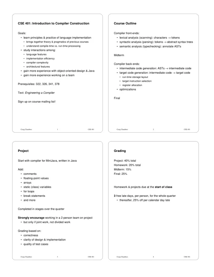 cse 401 introduction to compiler construction course