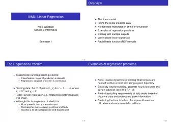 Overview  IAML: Linear Regression  The linear model  Fitting the linear model to data