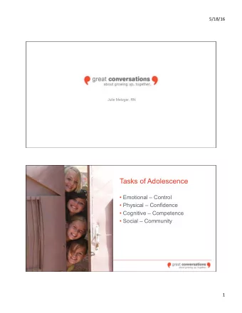 Tasks of Adolescence  Emotional  Control  Physical  Confidence  Cognitive