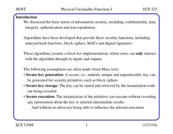 HOST  Physical Unclonable Functions I  ECE 525  Introduction  We discussed the basic tenets of