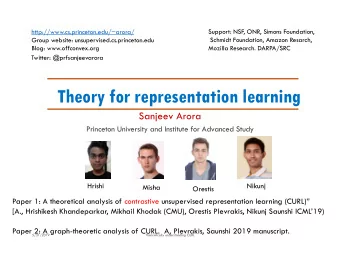 Theory for representation learning  Sanjeev Arora  Princeton University and Institute for Advanced