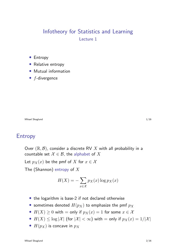 infotheory for statistics and learning
