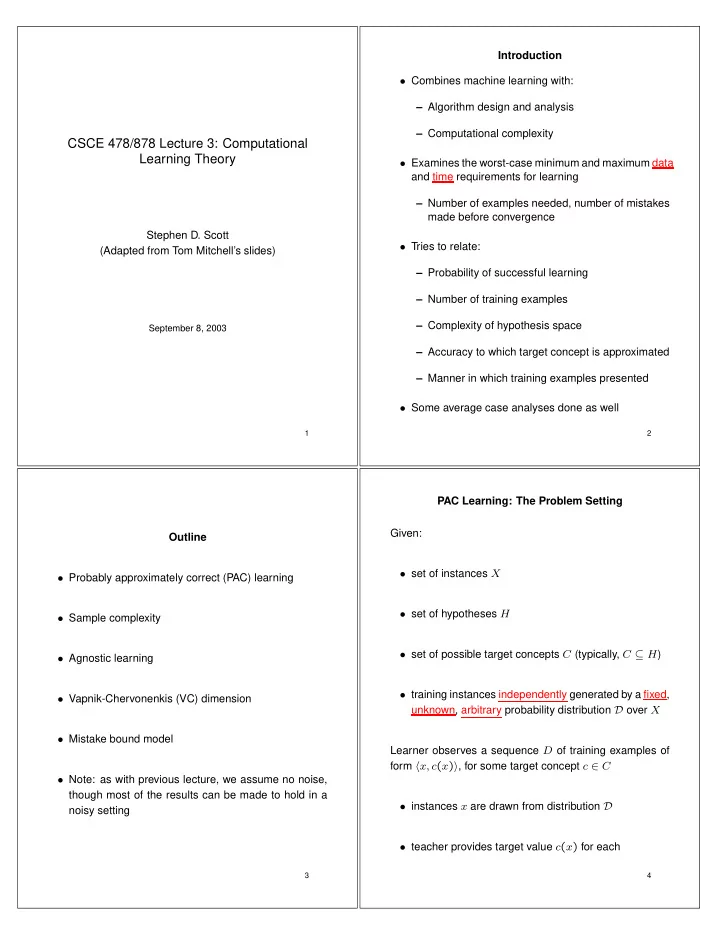 csce 478 878 lecture 3 computational learning theory