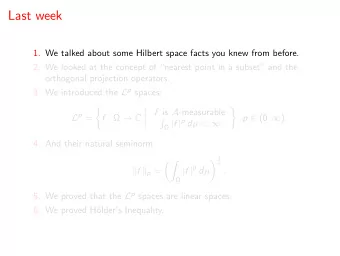 Last week  1. We talked about some Hilbert space facts you knew from before.  2. We looked at the
