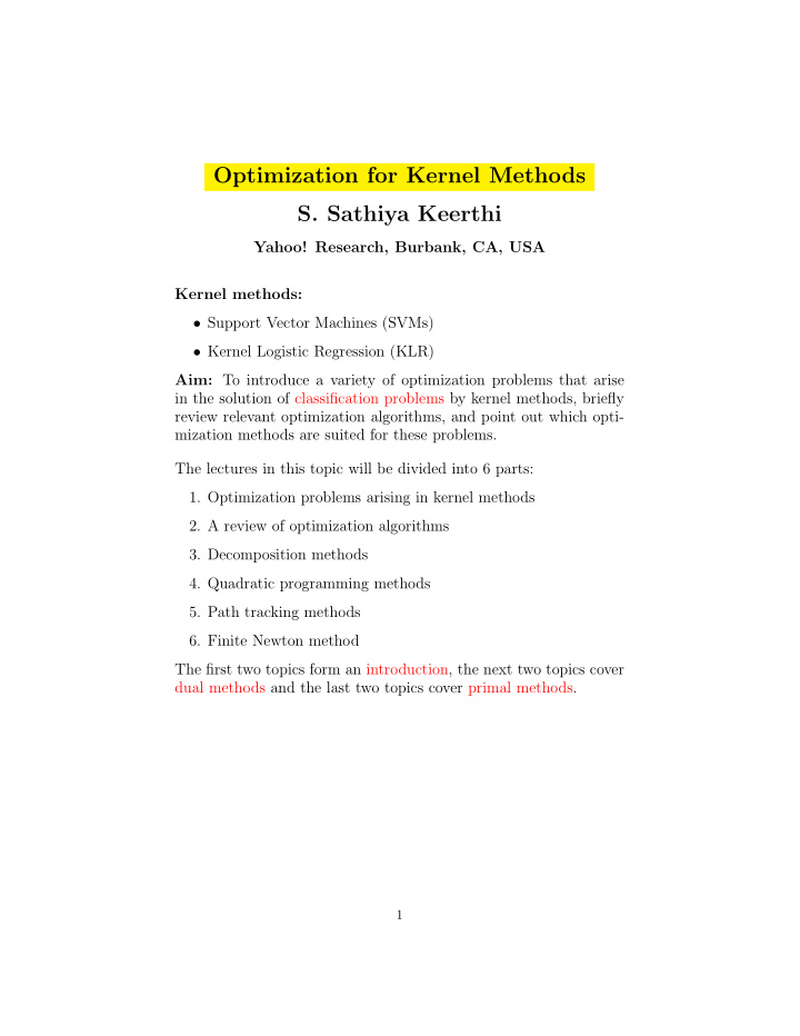 optimization for kernel methods s sathiya keerthi