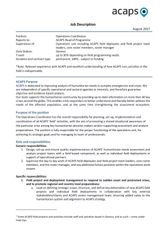 Job Description  August 2017 Position: Operations Coordinator  Reports to:  ACAPS Head of Programme