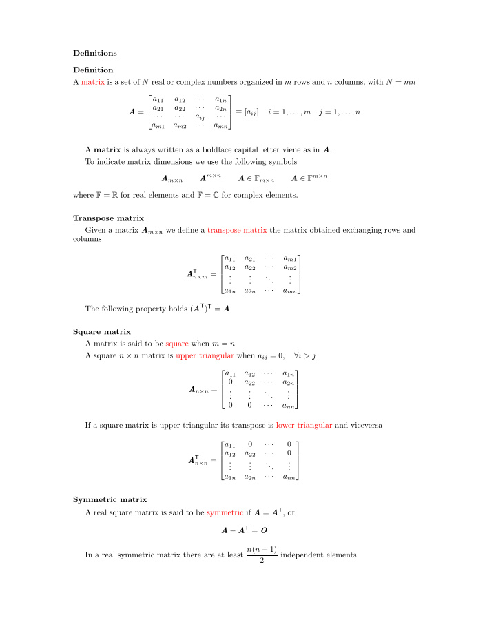 definitions definition a matrix is a set of n real or