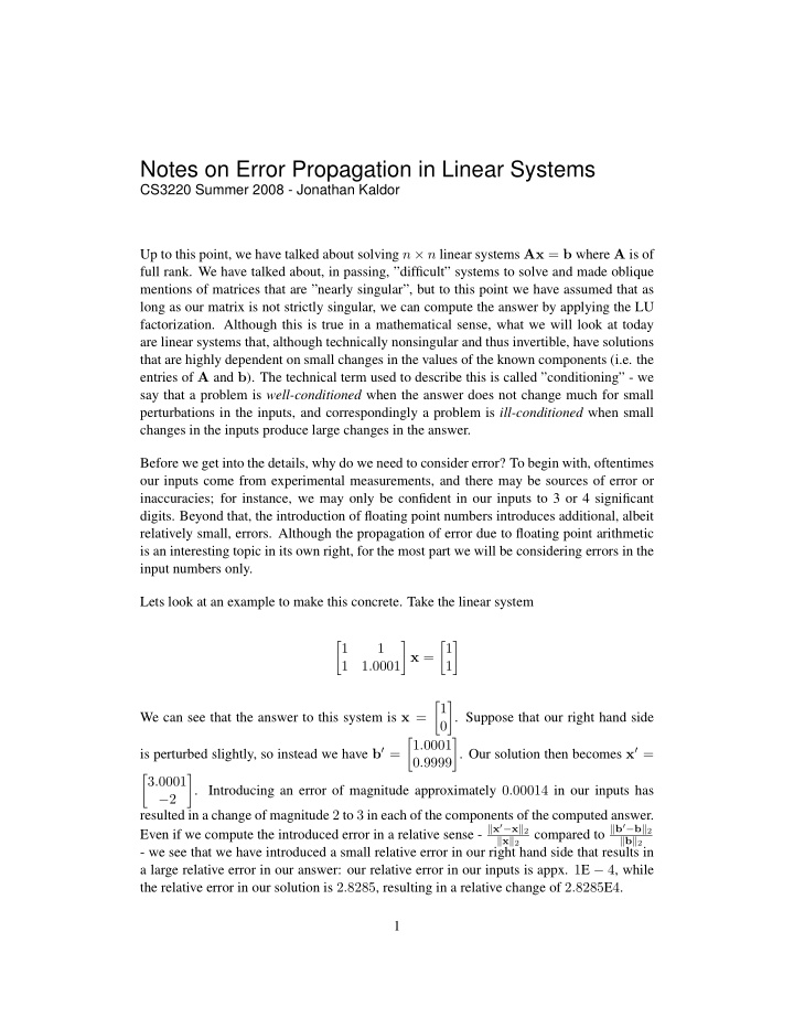 notes on error propagation in linear systems