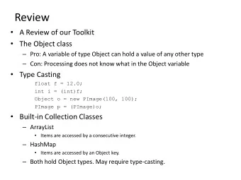 Review  A Review of our Toolkit  The Object class  Pro: A variable of type Object can hold