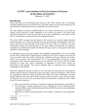 GAWUs presentation to the Government of Guyana  on the future of GuySuCo  February 17, 2017