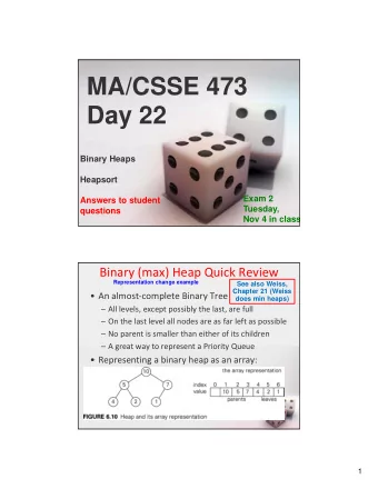 MA/CSSE 473  Day 22  Binary Heaps  Heapsort  Exam 2  Answers to student  Tuesday,  questions  Nov 4