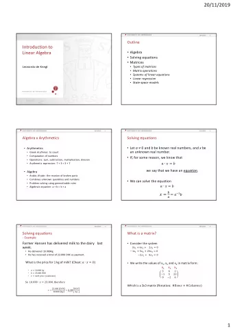 20/11/2019  20/11/2019  2  Outline  Introduction to  Linear Algebra  Algebra  Solving