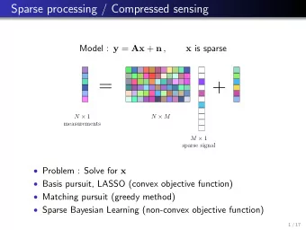 =  + N  1 N  M  measurements M  1  sparse signal  Problem : Solve for x  Basis pursuit,