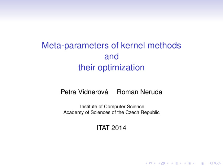 meta parameters of kernel methods and their optimization