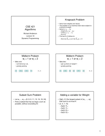 Knapsack Problem   Items have weights and values   The problem is to maximize total value