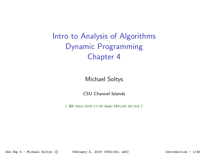 intro to analysis of algorithms dynamic programming