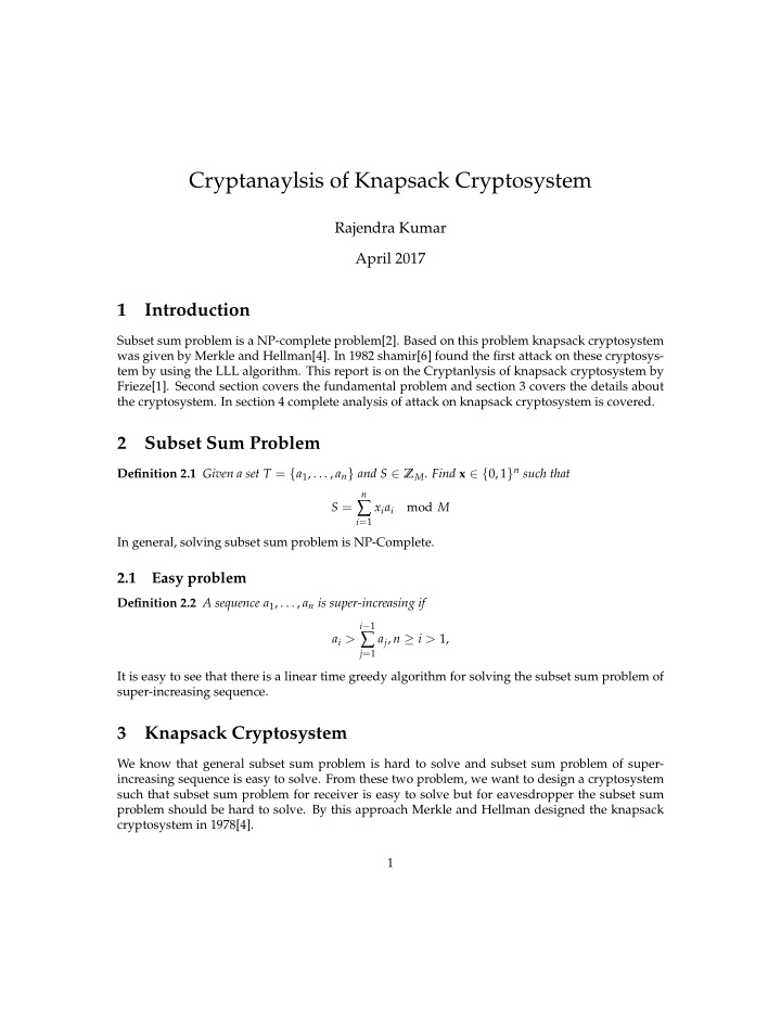 cryptanaylsis of knapsack cryptosystem