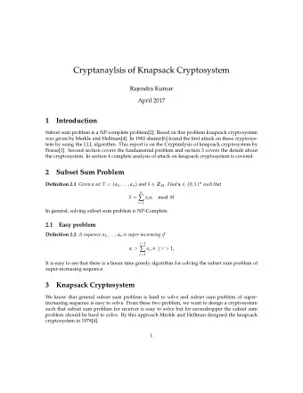 Cryptanaylsis of Knapsack Cryptosystem  Rajendra Kumar  April 2017  1  Introduction  Subset sum