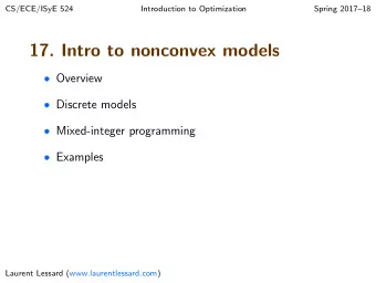 17. Intro to nonconvex models  Overview  Discrete models  Mixed-integer programming