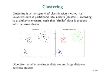 Clustering Clustering is an unsupervised classification method, i.e.  unlabeled data is partitioned