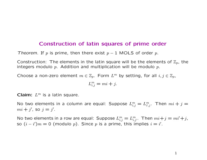 construction of latin squares of prime order