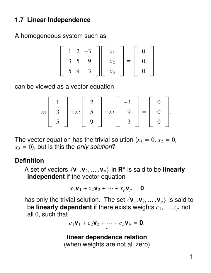 1 7 linear independence a homogeneous system such as 1 2 3