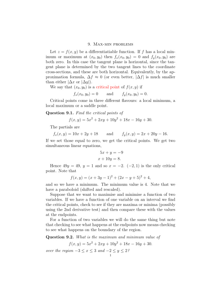 9 max min problems let z f x y be a differentiatiable