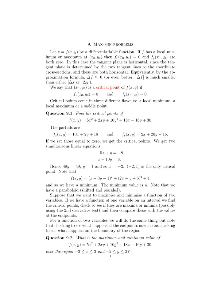9 max min problems let z f x y be a differentiatiable