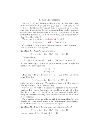 9. Max-min problems Let z = f ( x, y ) be a differentiatiable function. If f has a local min- imum