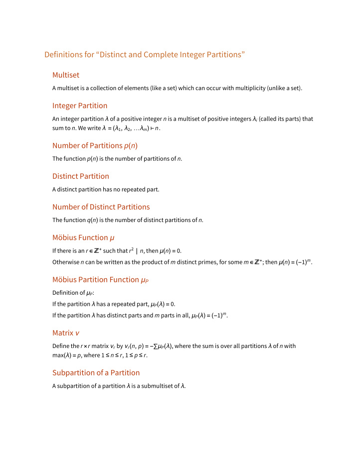 definitions for distinct and complete integer partitions