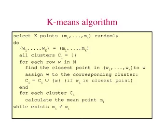 K-means algorithm select K points (m 1 ,...,m K ) randomly  do (w 1 ,...,w K ) = (m 1 ,...,m K )