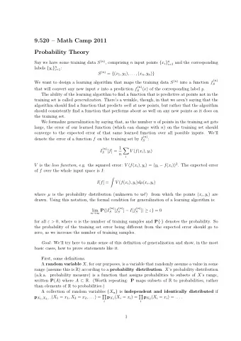 9.520  Math Camp 2011  Probability Theory Say we have some training data S ( n ) , comprising n