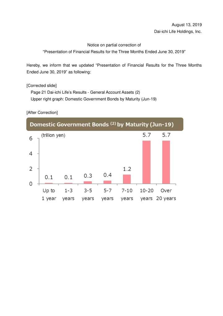 august 13 2019 dai ichi life holdings inc