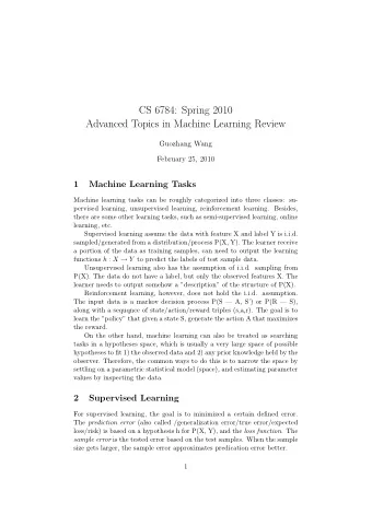 CS 6784: Spring 2010  Advanced Topics in Machine Learning Review  Guozhang Wang  February 25, 2010
