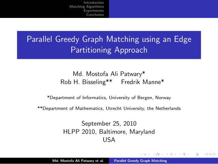 parallel greedy graph matching using an edge partitioning