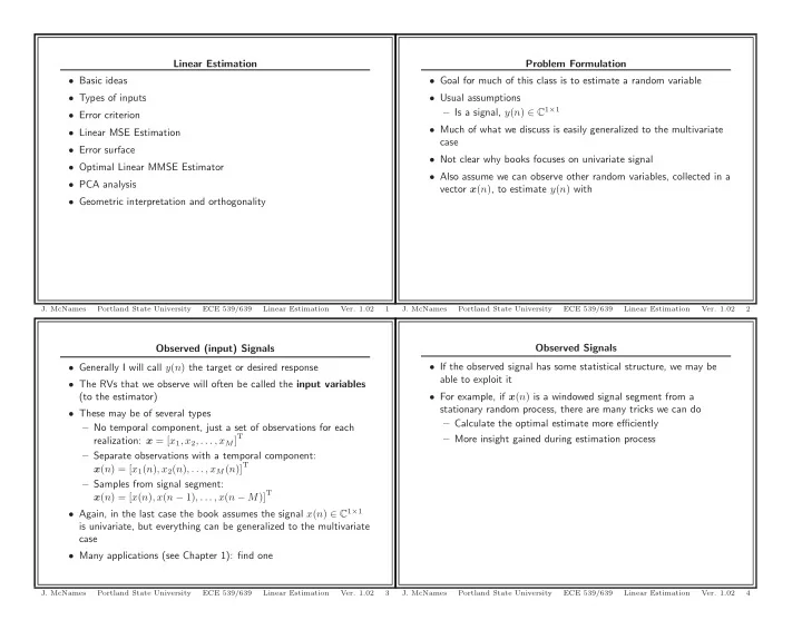 linear estimation problem formulation basic ideas goal