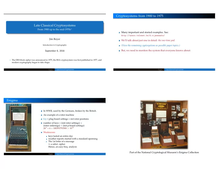 cryptosystems from 1900 to 1975 late classical