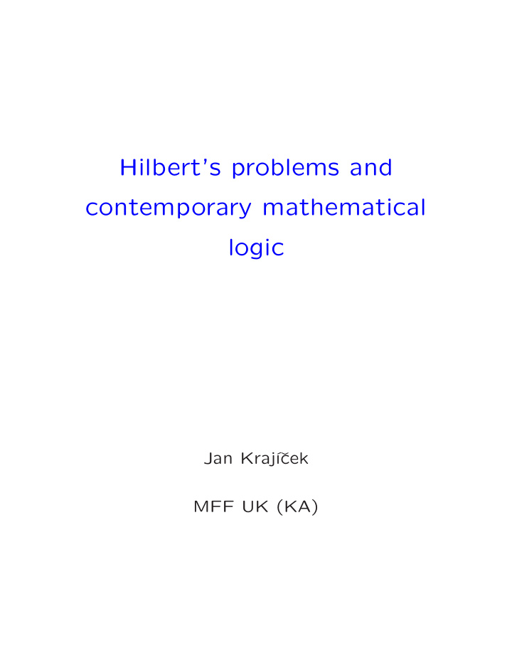 hilbert s problems and contemporary mathematical logic