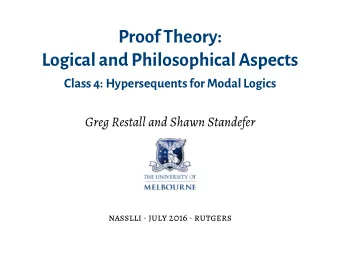 ProofTheory:  Logicaland Philosophical Aspects  Class 4: Hypersequents forModal Logics  Greg