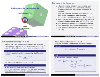 The story of the film so far... A discrete random variable X in a probability space (  , F , P )