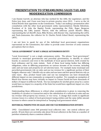 PRESENTATION TO STREAMLINING SALES TAX AND  MODERNIZATION COMMISSION  I am Dannie Garrett, an