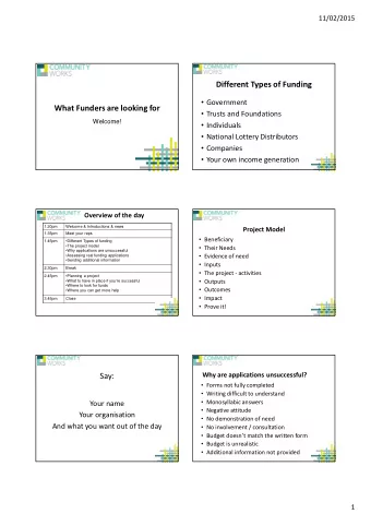 Different Types of Funding  Government  What Funders are looking for  Trusts and Foundations