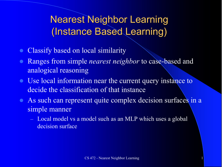nearest neighbor learning instance based learning