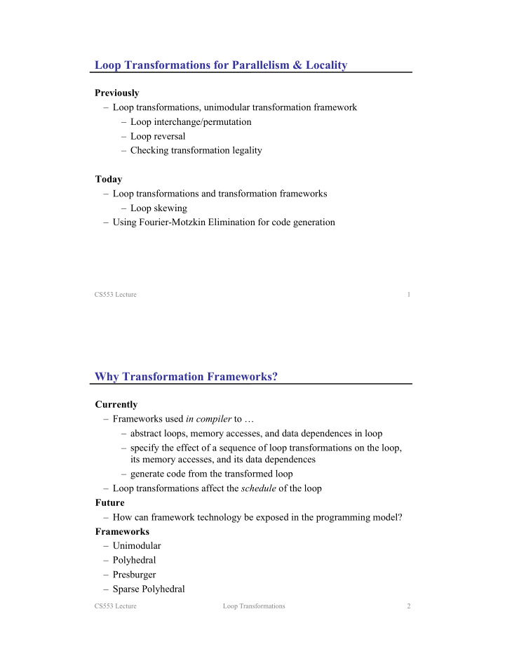 loop transformations for parallelism locality