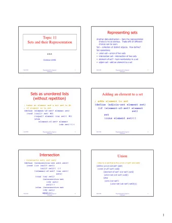 Representing sets  Topic 11  Another data abstraction  here the representation  choice is no so