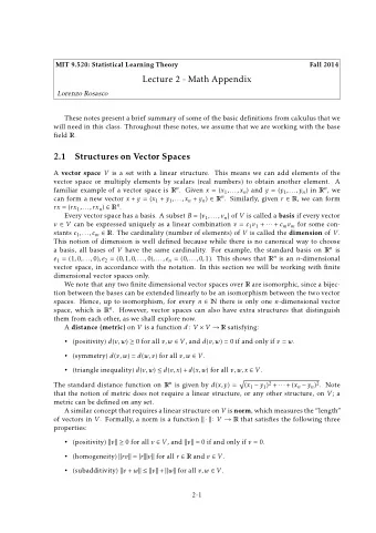 Lecture 2 - Math Appendix  Lorenzo Rosasco  These notes present a brief summary of some of the