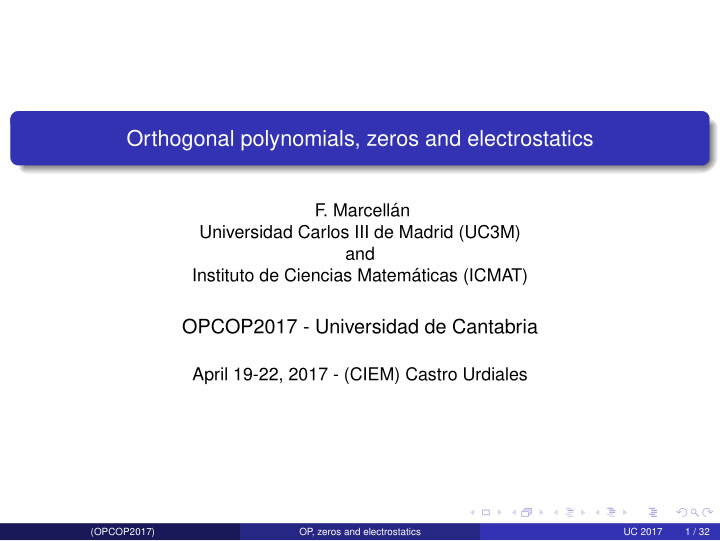 orthogonal polynomials zeros and electrostatics