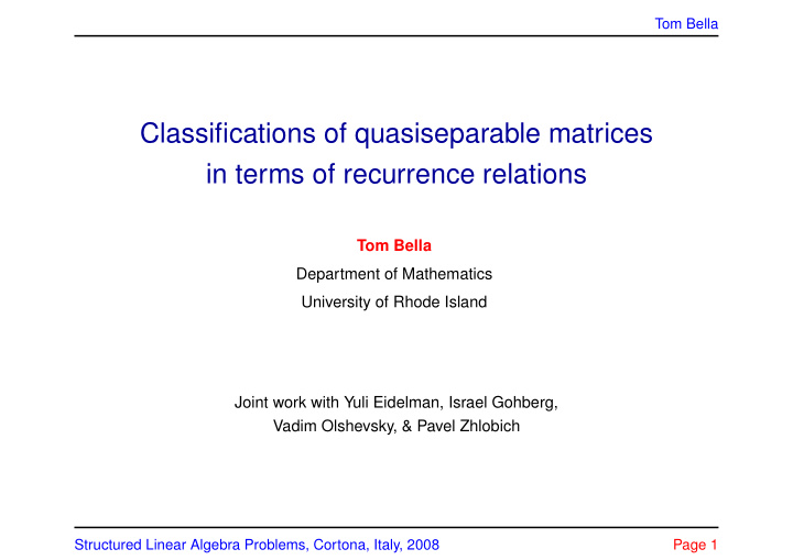 classifications of quasiseparable matrices in terms of