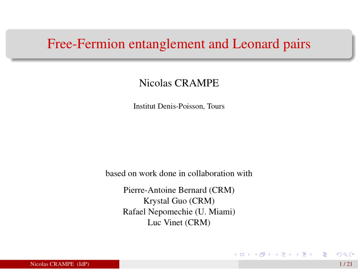 free fermion entanglement and leonard pairs